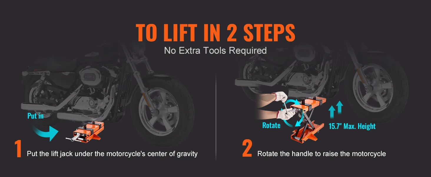 steps to use VEVOR motorcycle lift: position the lift under the bike, then rotate the handle to raise.