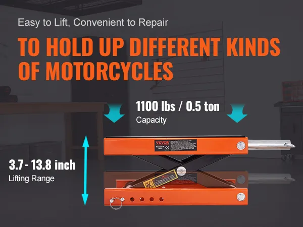 VEVOR motorcycle lift with 1100 lbs capacity, 3.7-13.8 inch lifting range, easy to lift and repair.