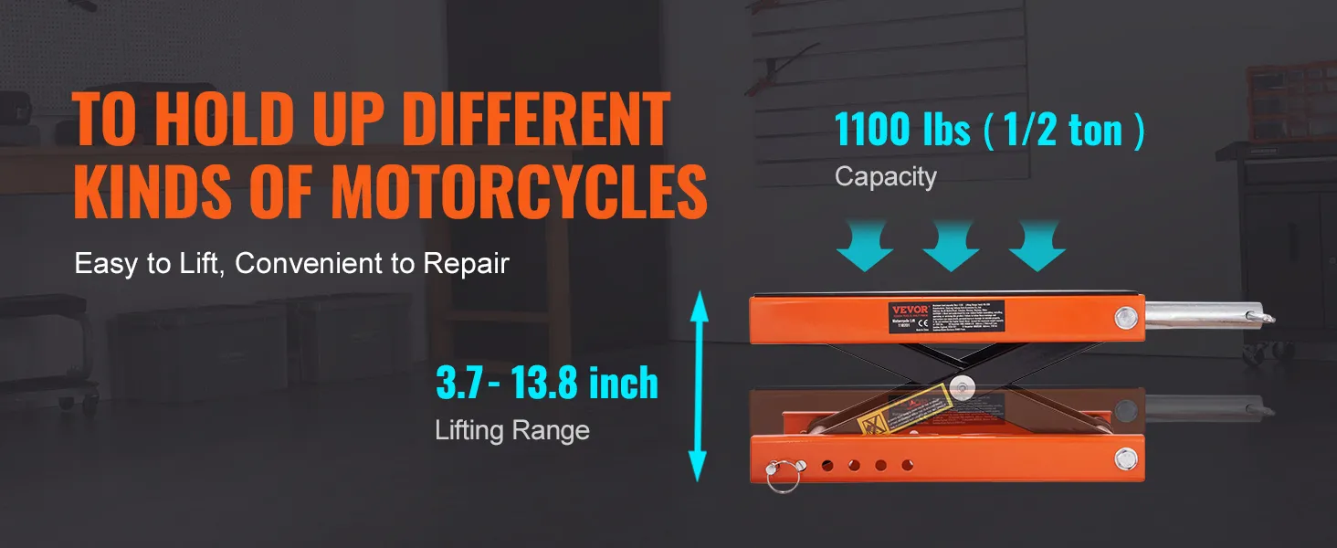 VEVOR motorcycle lift with 1100 lbs capacity, 3.7-13.8 inch lifting range, easy to lift and repair.