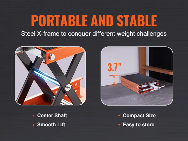 VEVOR motorcycle lift with center shaft, smooth lift, and compact, easy-to-store 3.7" height.