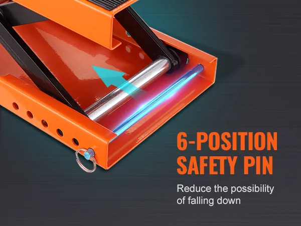 6-position safety pin mechanism of VEVOR motorcycle lift with an arrow illustration for added stability.