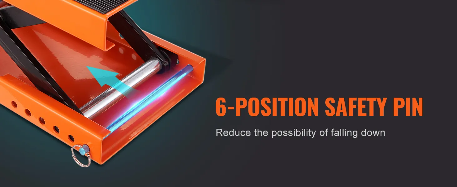 6-position safety pin mechanism of VEVOR motorcycle lift with an arrow illustration for added stability.