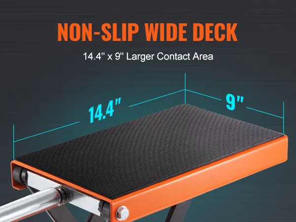 VEVOR motorcycle lift with 14.4"x9" non-slip wide deck for larger contact area.