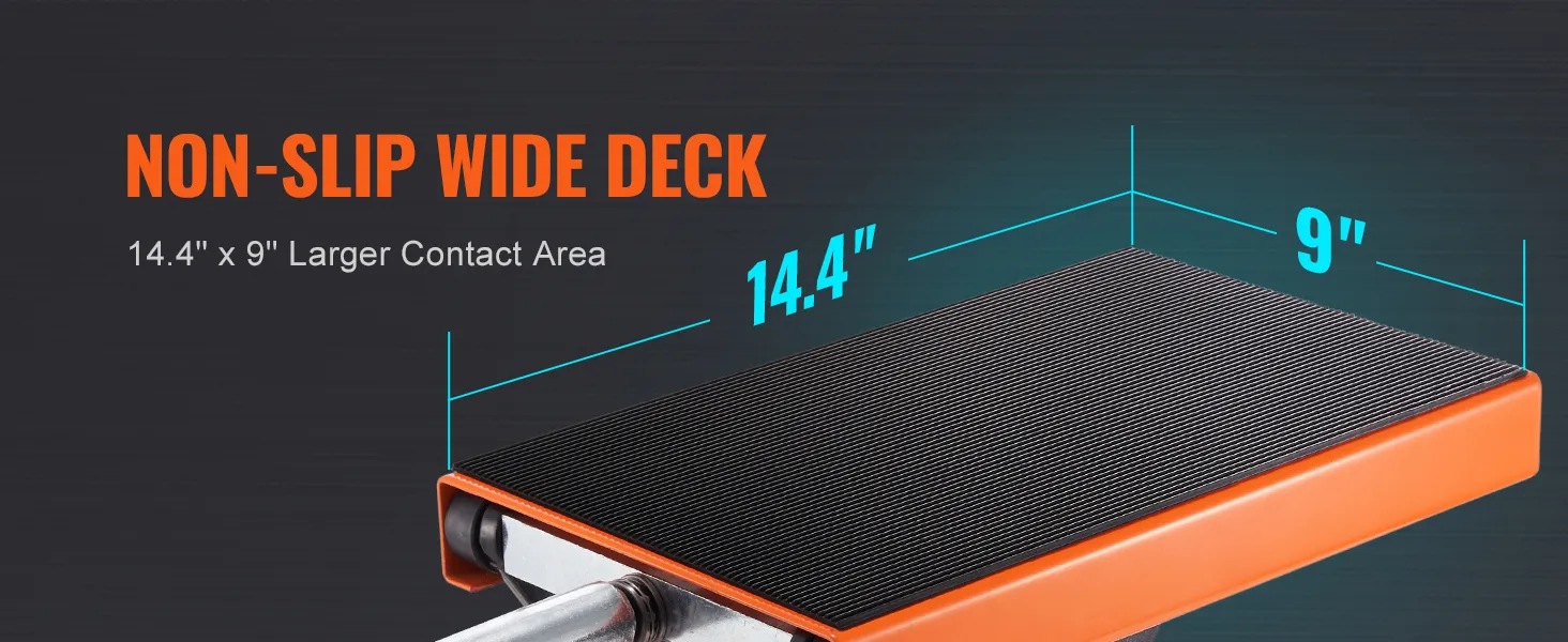 VEVOR motorcycle lift with 14.4"x9" non-slip wide deck for larger contact area.