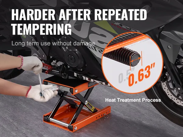 gloved hands using a VEVOR motorcycle lift, highlighting repeated tempering and durability.