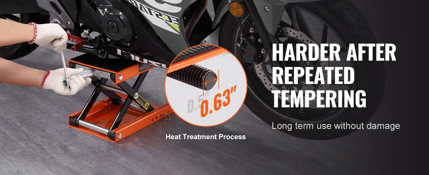 gloved hands using a VEVOR motorcycle lift, highlighting repeated tempering and durability.