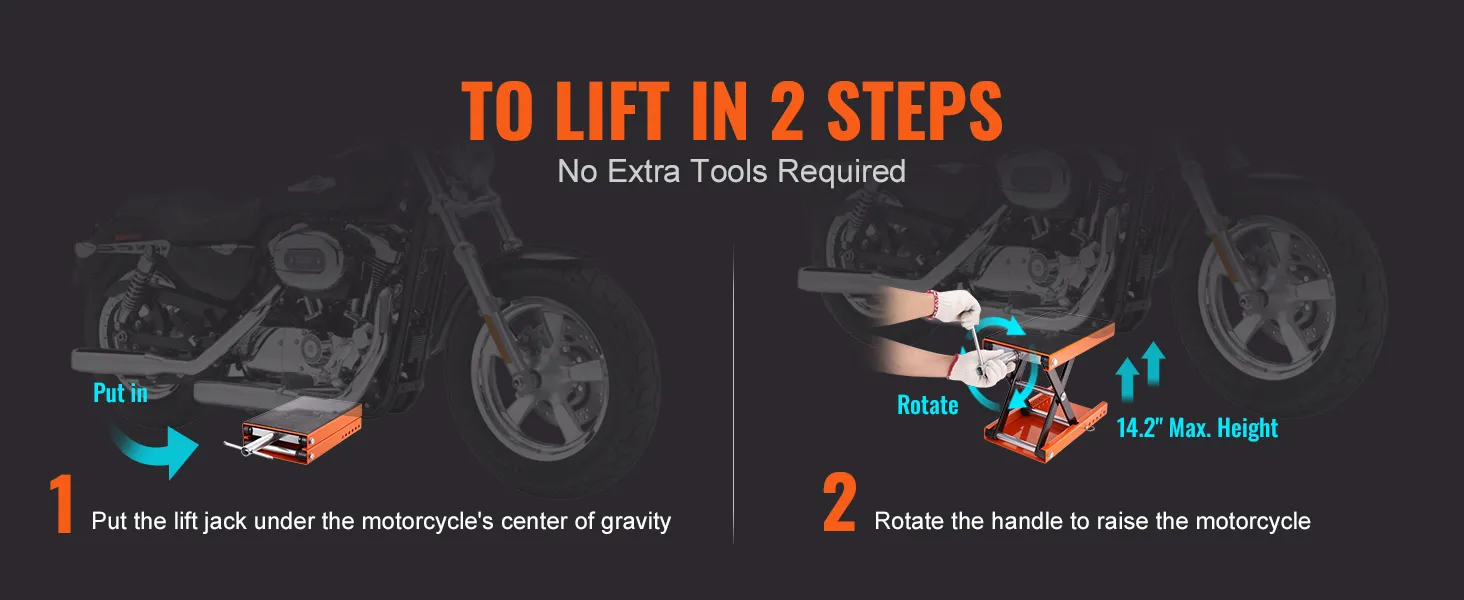 how to use the VEVOR motorcycle lift in 2 steps with no extra tools required.