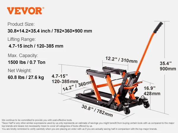 VEVOR motorcycle jack stand specifications: max capacity 1500 lbs, lifting range 4.7-15 inches, net weight 60.8 lbs.