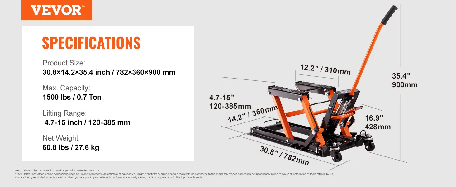 VEVOR motorcycle jack stand specifications: max capacity 1500 lbs, lifting range 4.7-15 inches, net weight 60.8 lbs.