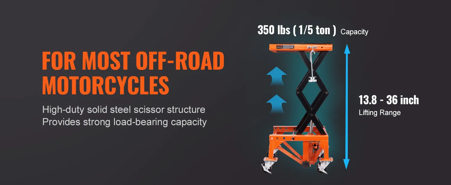 VEVOR hydraulic motorcycle lift with 350 lbs capacity, 13.8-36 inch lifting range, for off-road bikes.