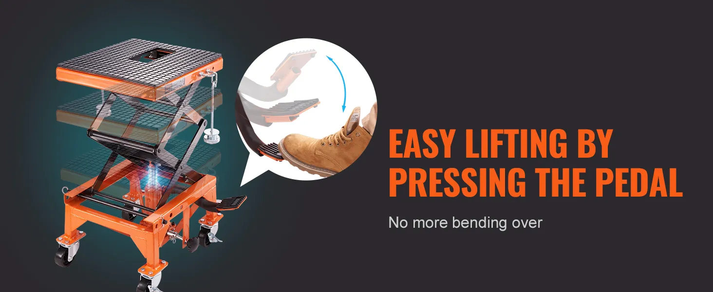 VEVOR hydraulic motorcycle lift with easy lifting pedal mechanism. no more bending over.
