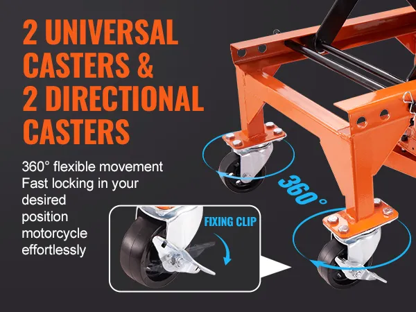 2 universal and 2 directional casters with 360° movement for the VEVOR hydraulic motorcycle lift.