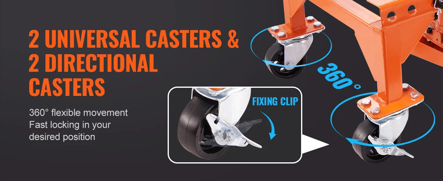2 universal and 2 directional casters with 360° movement for the VEVOR hydraulic motorcycle lift.