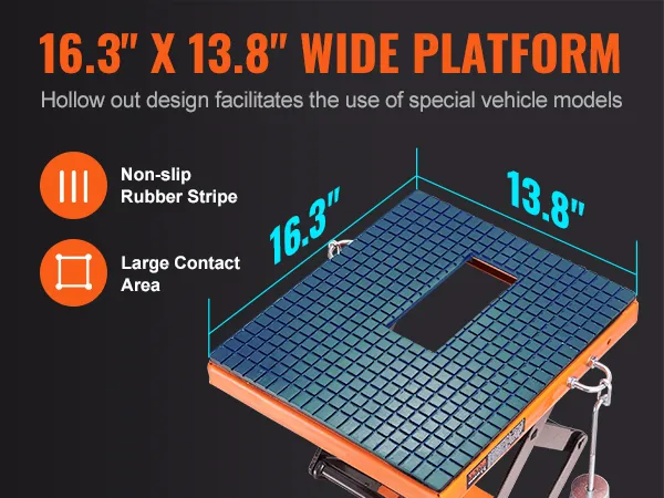 16.3" x 13.8" platform for VEVOR hydraulic motorcycle lift; non-slip rubber stripe and large contact area.