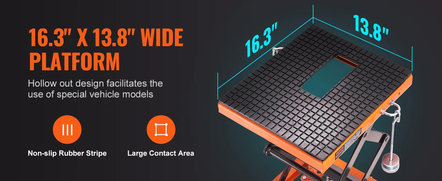 16.3" x 13.8" platform for VEVOR hydraulic motorcycle lift; non-slip rubber stripe and large contact area.