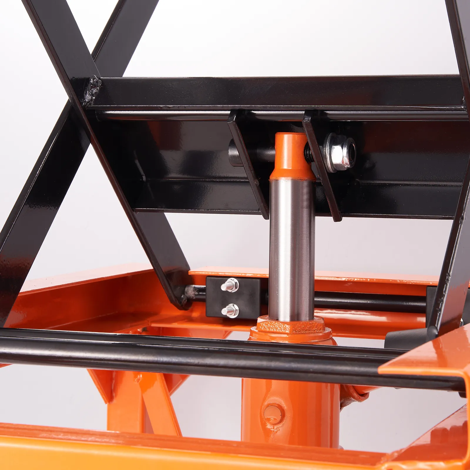 VEVOR hydraulic motorcycle lift with sturdy steel frame and durable hydraulic cylinder in orange and black.