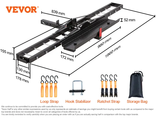 VEVOR motorcycle carrier with dimensions and accessories like ratchet straps, loop straps, bag, and stabilizer.