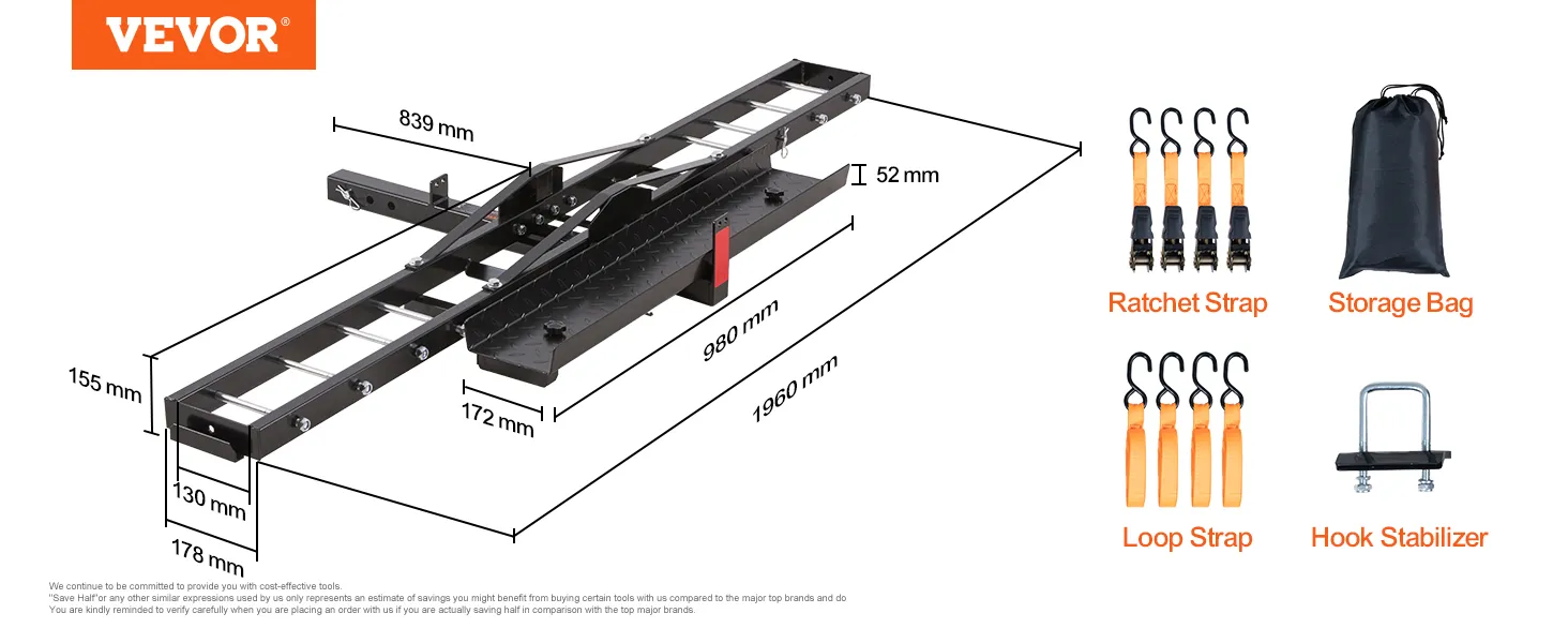 VEVOR motorcycle carrier with dimensions and accessories like ratchet straps, loop straps, bag, and stabilizer.