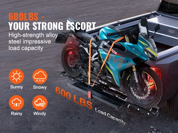 VEVOR motorcycle carrier: high-strength alloy steel, 600 lbs load capacity, supports various weather conditions.