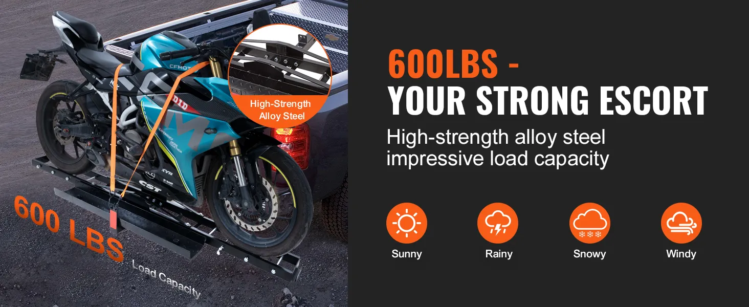 VEVOR motorcycle carrier: high-strength alloy steel, 600 lbs load capacity, supports various weather conditions.