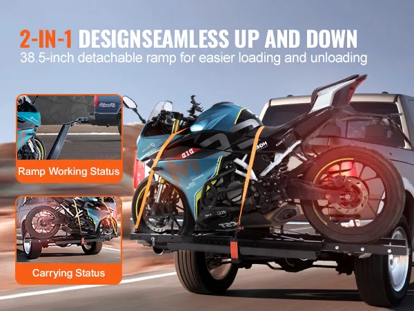 VEVOR motorcycle ramp on a truck for loading and transport, showcasing 2-in-1 design.