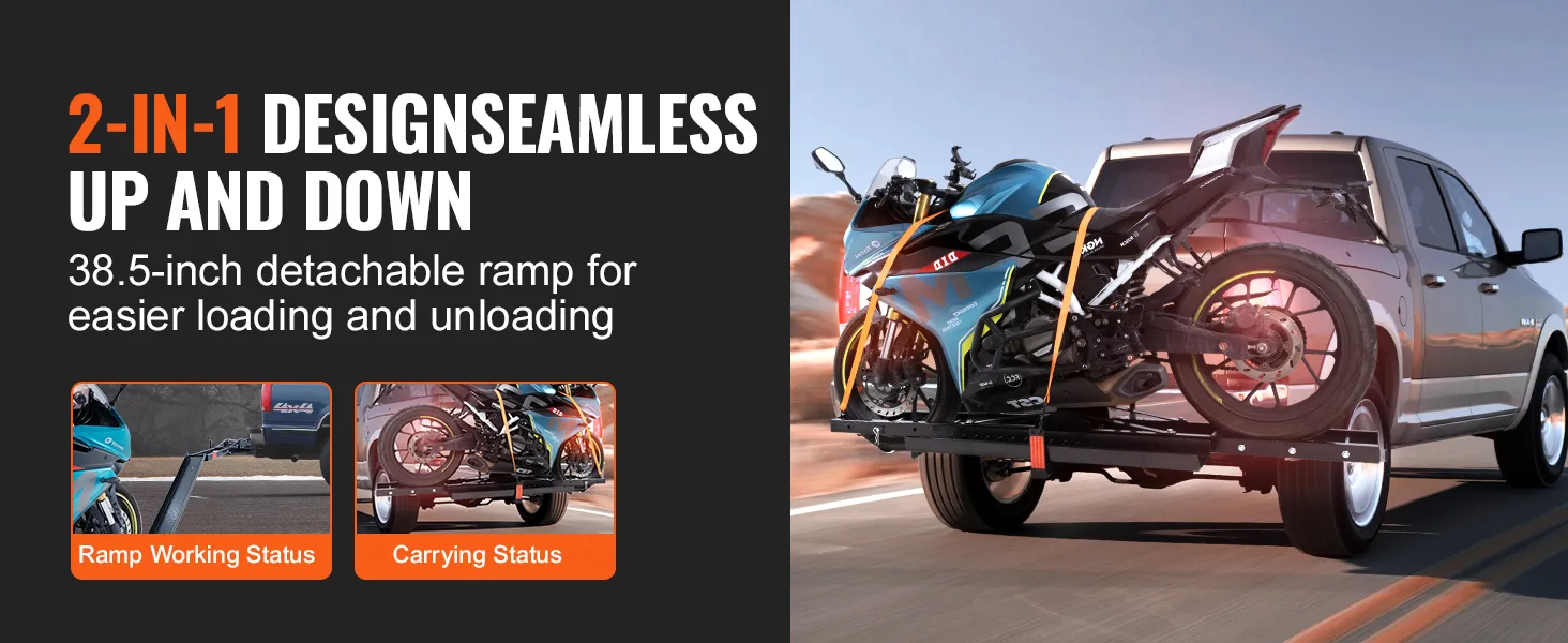 VEVOR motorcycle ramp on a truck for loading and transport, showcasing 2-in-1 design.