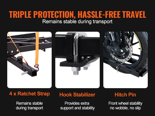 triple protection, hassle-free travel with VEVOR motorcycle carrier; ratchet strap, hook stabilizer, hitch pin.