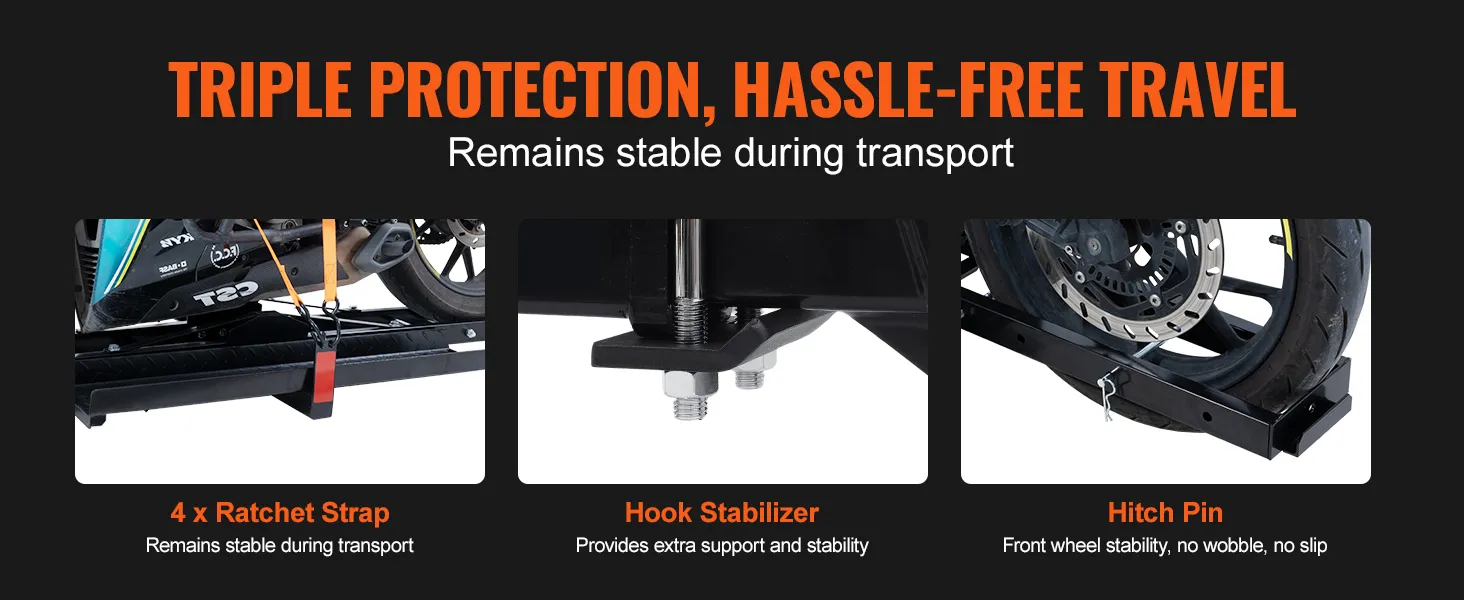 triple protection, hassle-free travel with VEVOR motorcycle carrier; ratchet strap, hook stabilizer, hitch pin.