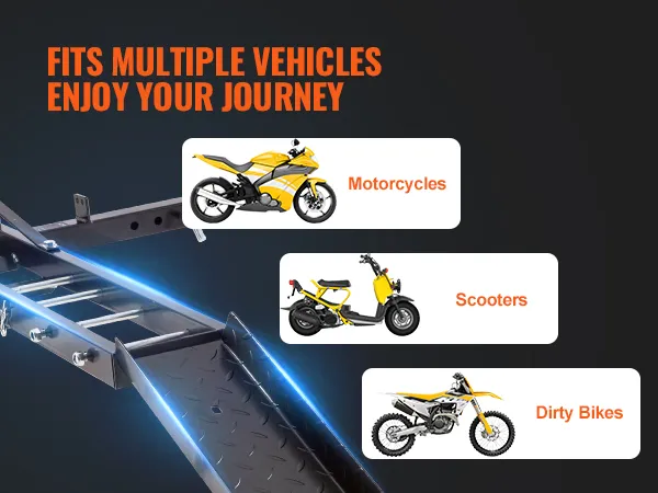 VEVOR motorcycle carrier easily fits motorcycles, scooters, and dirt bikes with 2-inch receiver. enjoy your journey.
