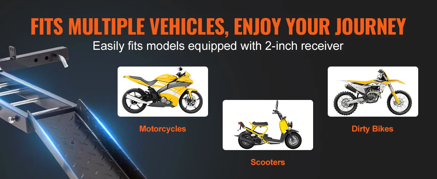 VEVOR motorcycle carrier easily fits motorcycles, scooters, and dirt bikes with 2-inch receiver. enjoy your journey.