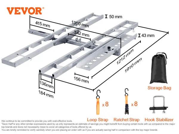 VEVOR motorcycle carrier with dimensions, 8 ratchet straps, 8 loop straps, hook stabilizer, and storage bag.