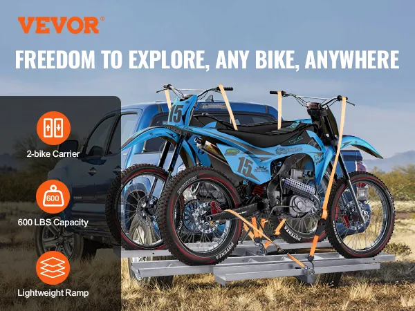 VEVOR motorcycle carrier with two bikes on a blue truck, 600 lbs capacity, lightweight ramp.