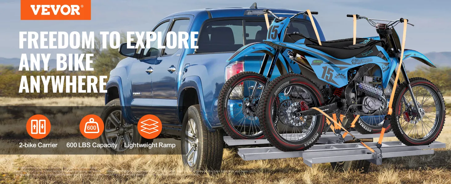 VEVOR motorcycle carrier with two bikes on a blue truck, 600 lbs capacity, lightweight ramp.