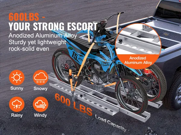 VEVOR motorcycle carrier with anodized aluminum alloy supports 600 lbs, sturdy in all weather conditions.