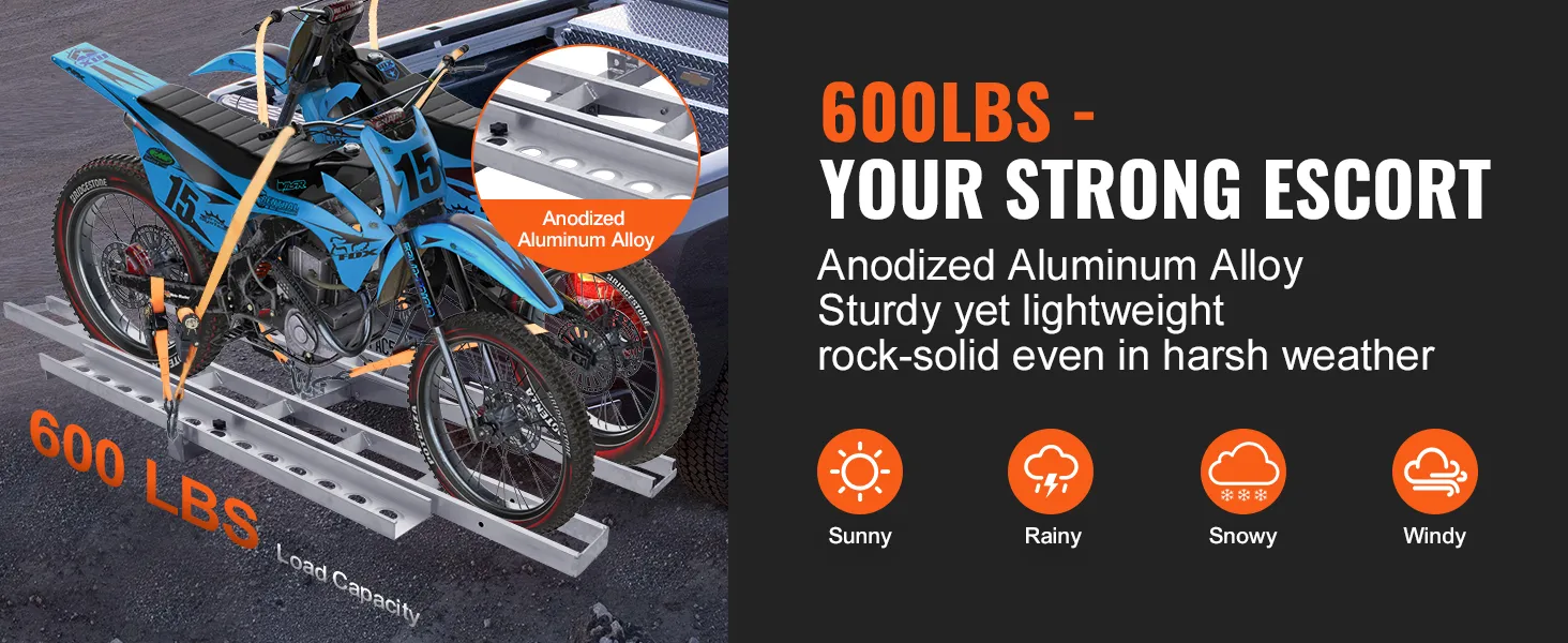 VEVOR motorcycle carrier with anodized aluminum alloy supports 600 lbs, sturdy in all weather conditions.
