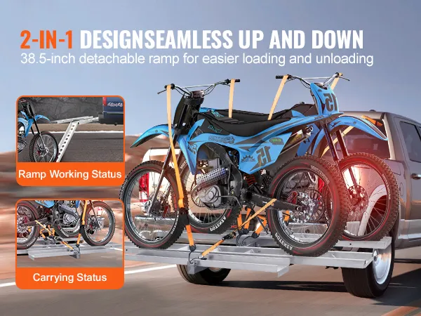 VEVOR motorcycle carrier for trucks, 2-in-1 design with 3.9 ft detachable ramp for easy loading.