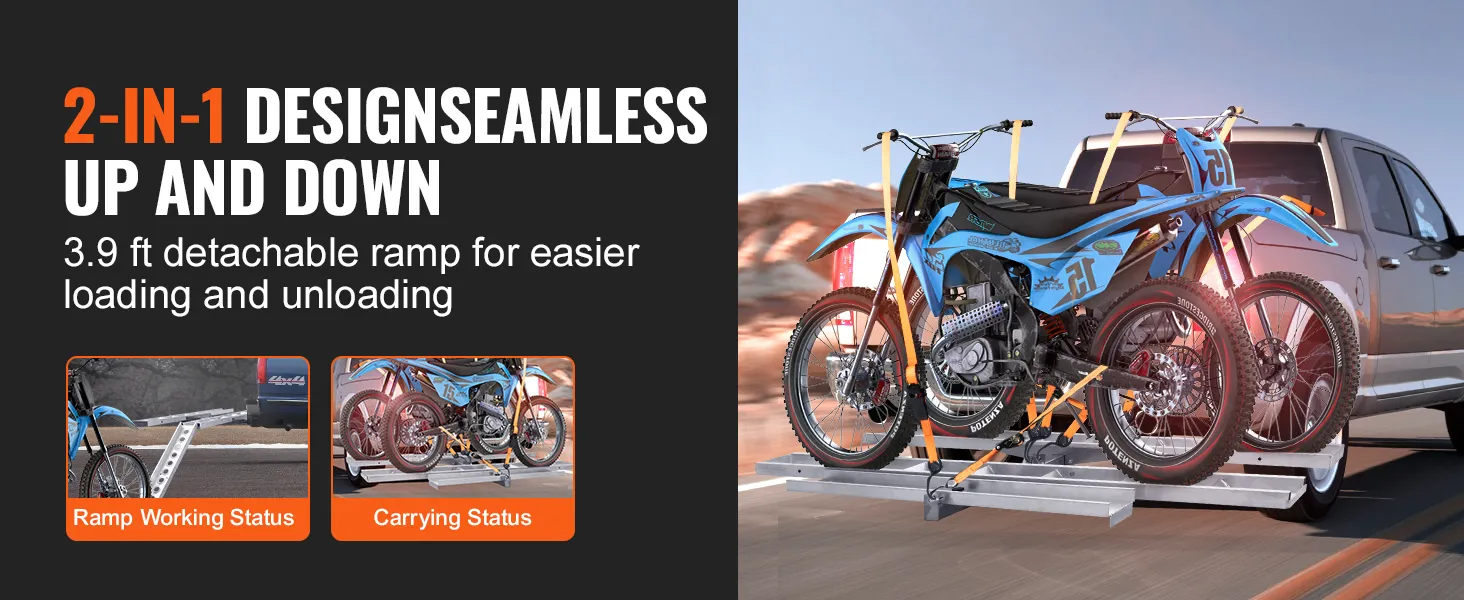 VEVOR motorcycle carrier for trucks, 2-in-1 design with 3.9 ft detachable ramp for easy loading.