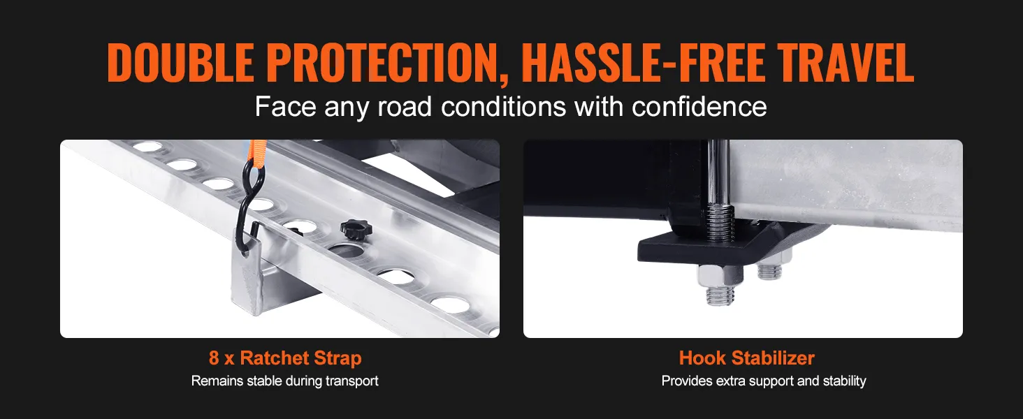 VEVOR transport equipment with ratchet strap and hook stabilizer for road safety.