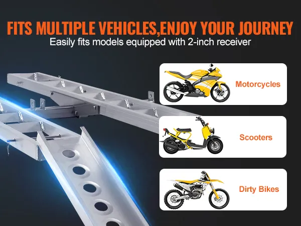 VEVOR motorcycle carrier fits motorcycles, scooters, and dirt bikes with a 2-inch receiver.