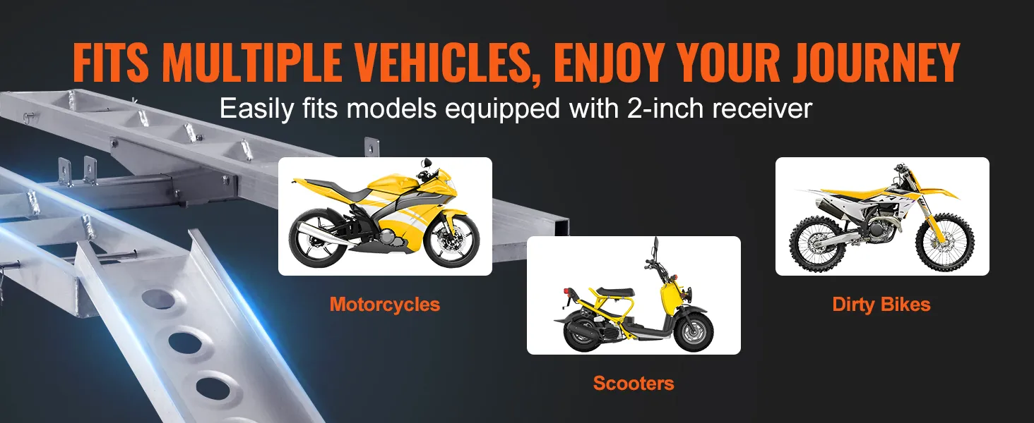 VEVOR motorcycle carrier fits motorcycles, scooters, and dirt bikes with a 2-inch receiver.
