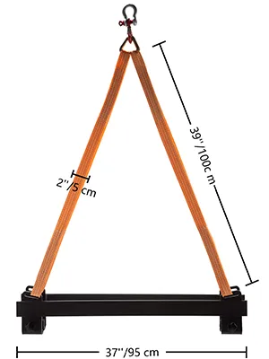 Eslinga elevadora para moto acuática VEVOR con dimensiones mostradas, correas naranjas y base negra.