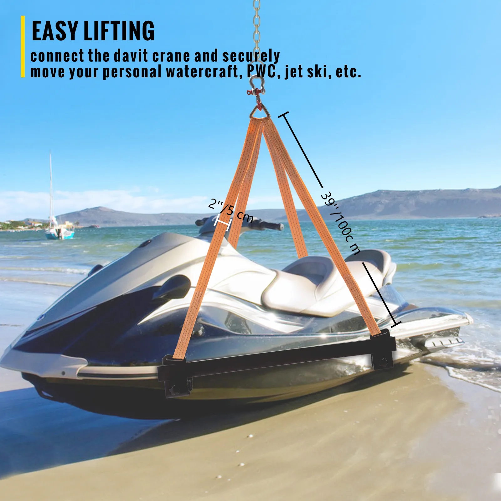Eslinga elevadora para moto acuática VEVOR que levanta una moto acuática en una playa con el océano y las montañas de fondo.