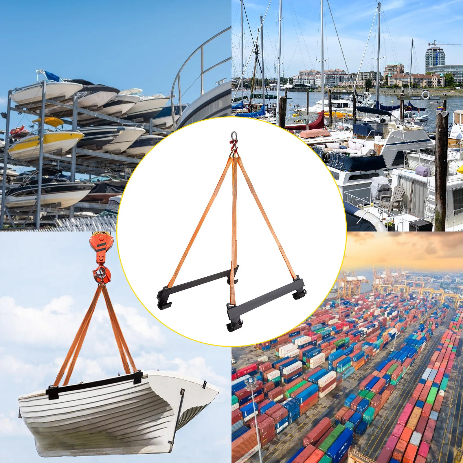 Barco elevador de eslinga para moto acuática VEVOR, rodeado de puerto deportivo, almacenamiento y contenedores.