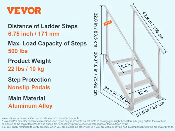 VEVOR 4-traps doktrap met dubbele leuningen, max. belasting 227 kg, antislip rubberen pads, aluminiumlegering.