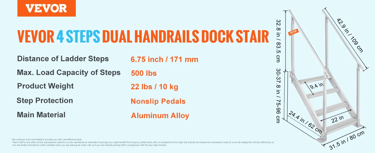 VEVOR 4 steps dock stair with dual handrails, max load 500 lbs, nonslip rubber pads, aluminum alloy.