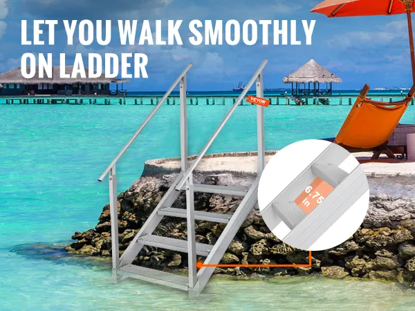 VEVOR-dokladder met dubbele leuningen op een tropisch strand, voor gemakkelijke toegang tot het water.