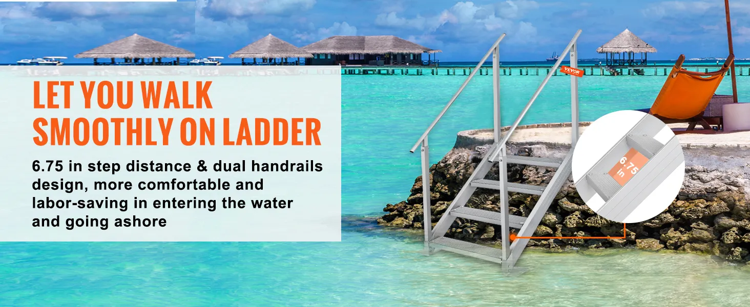 VEVOR dock ladder with dual handrails on a tropical beach, offering easy water access.