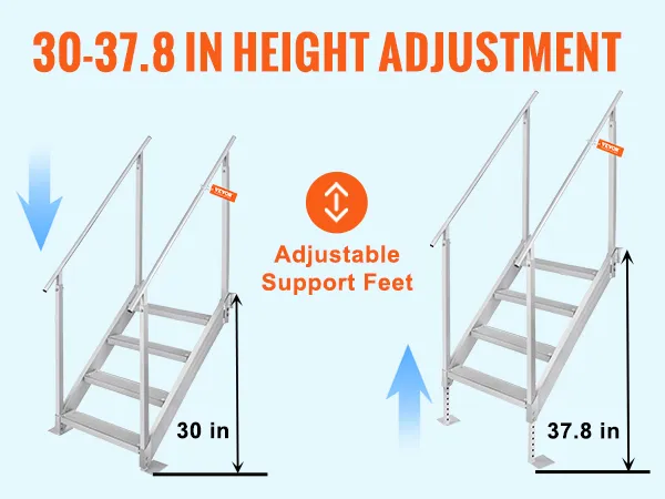 VEVOR steigerladder met verstelbare hoogte van 30 tot 37,8 inch en steunpoten voor verschillende waterdieptes.