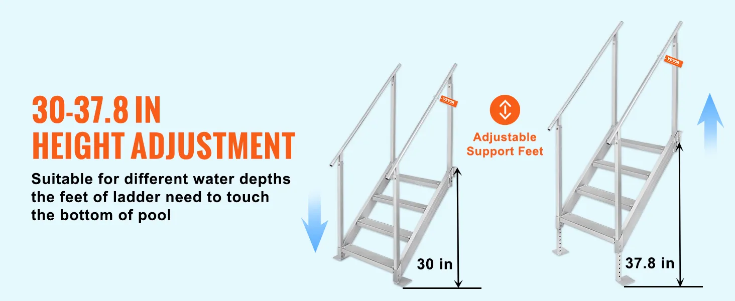 VEVOR dock ladder with adjustable height from 30 to 37.8 inches and support feet for varied water depths.