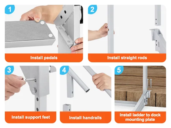 Installeer de VEVOR-dockladder in 6 stappen: bevestig antislipmatten, pedalen, rechte stangen, steunvoeten en leuningen.